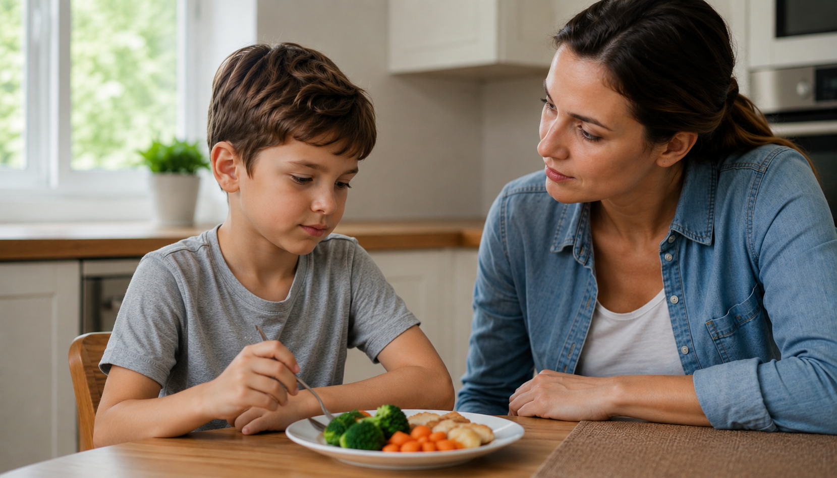 Oral Muscle Function - Child sitting at a kitchen table with a parent nearby Oral Muscle Function - Child sitting at a kitchen table with a parent nearby