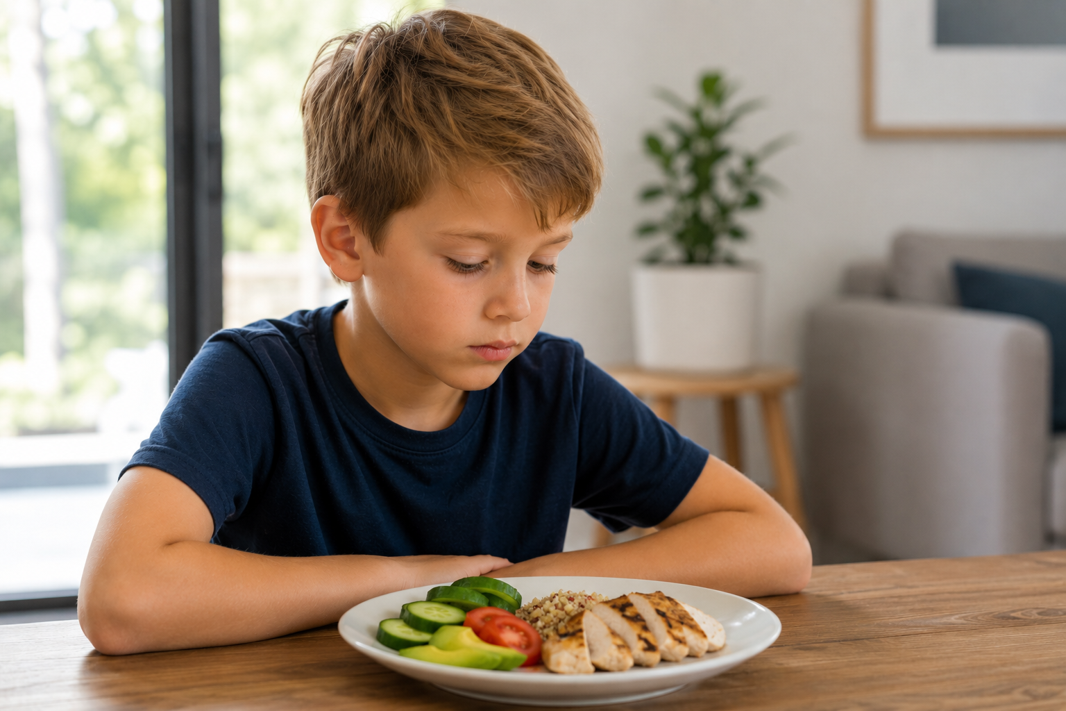 Oral Muscle Function - Child looking at the food on his plate Oral Muscle Function - Child looking at the food on his plate