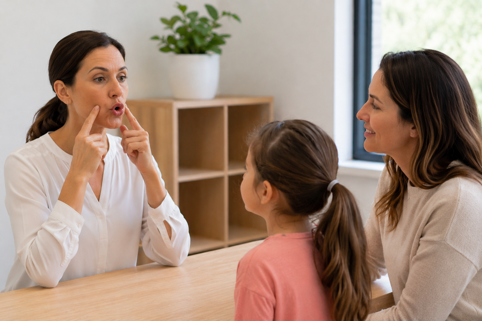 Oral Muscle Function - Therapist demonstrating oral muscle exercise to a child and parent Oral Muscle Function - Therapist demonstrating oral muscle exercise to a child and parent