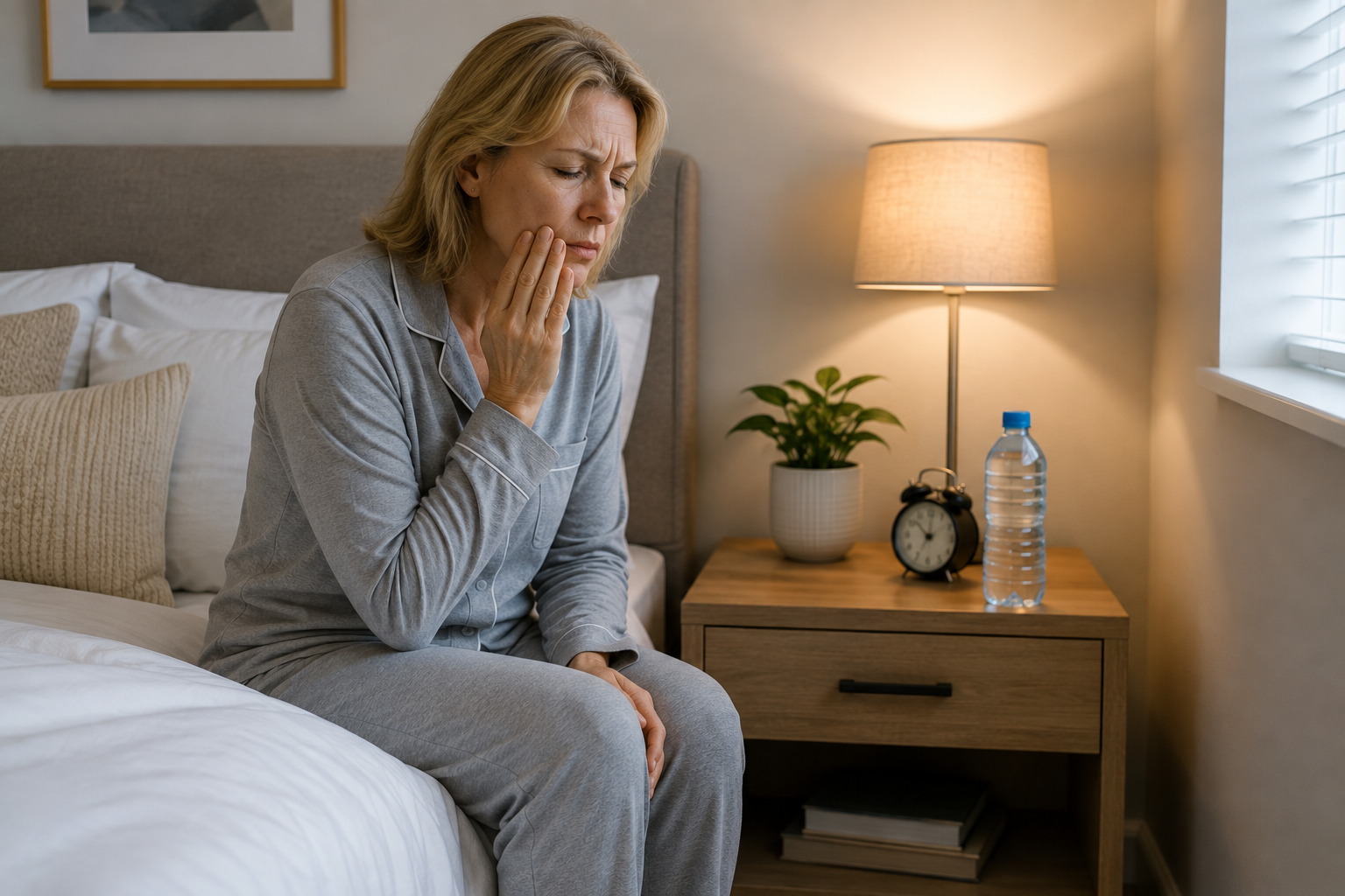 Dry Mouth - Woman sitting with jaw pain and dry mouth Dry Mouth - Woman sitting with jaw pain and dry mouth