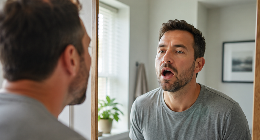 Tongue Thrust - Adult looking into a bathroom mirror