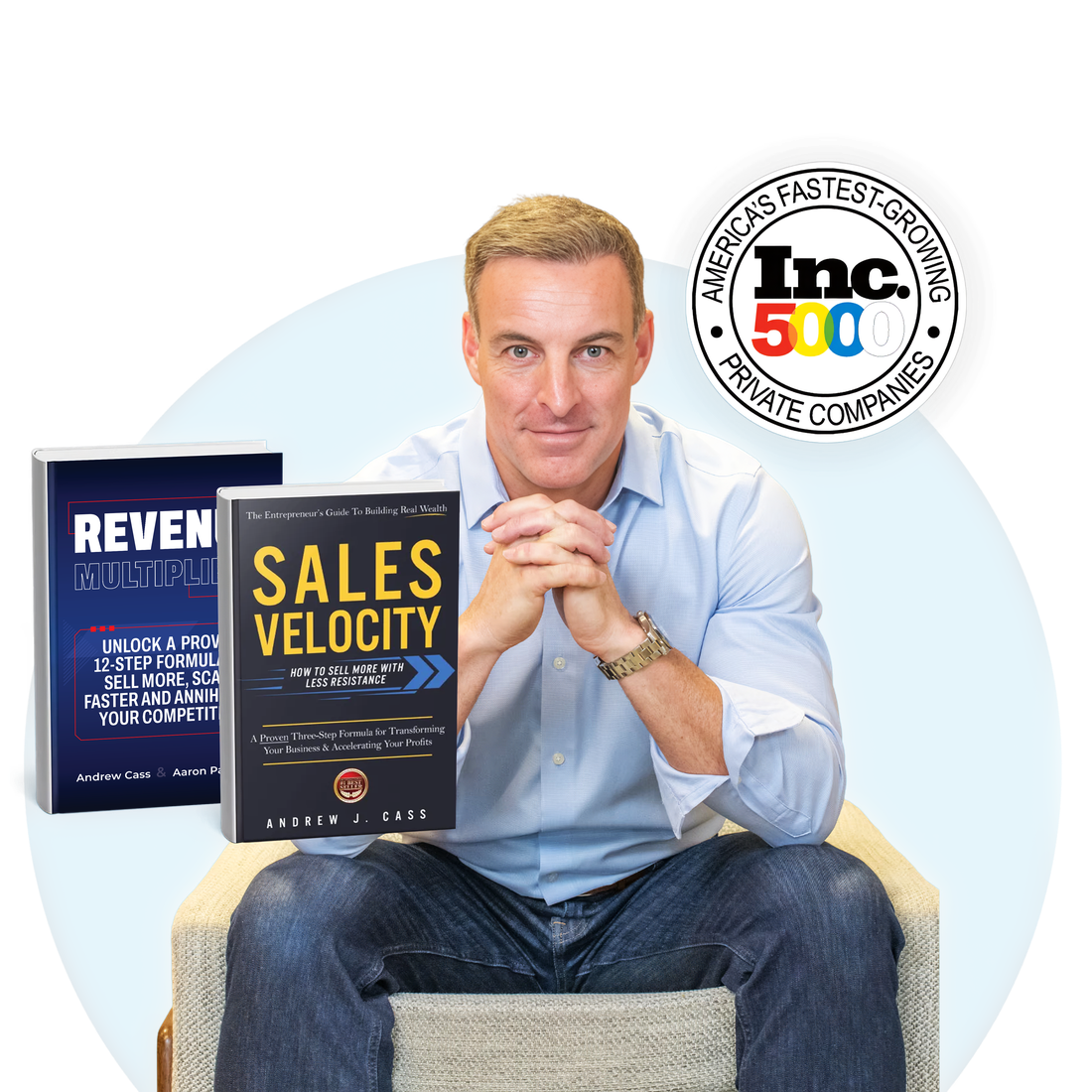 Andrew Cass with his books and Inc. 5000 recognition