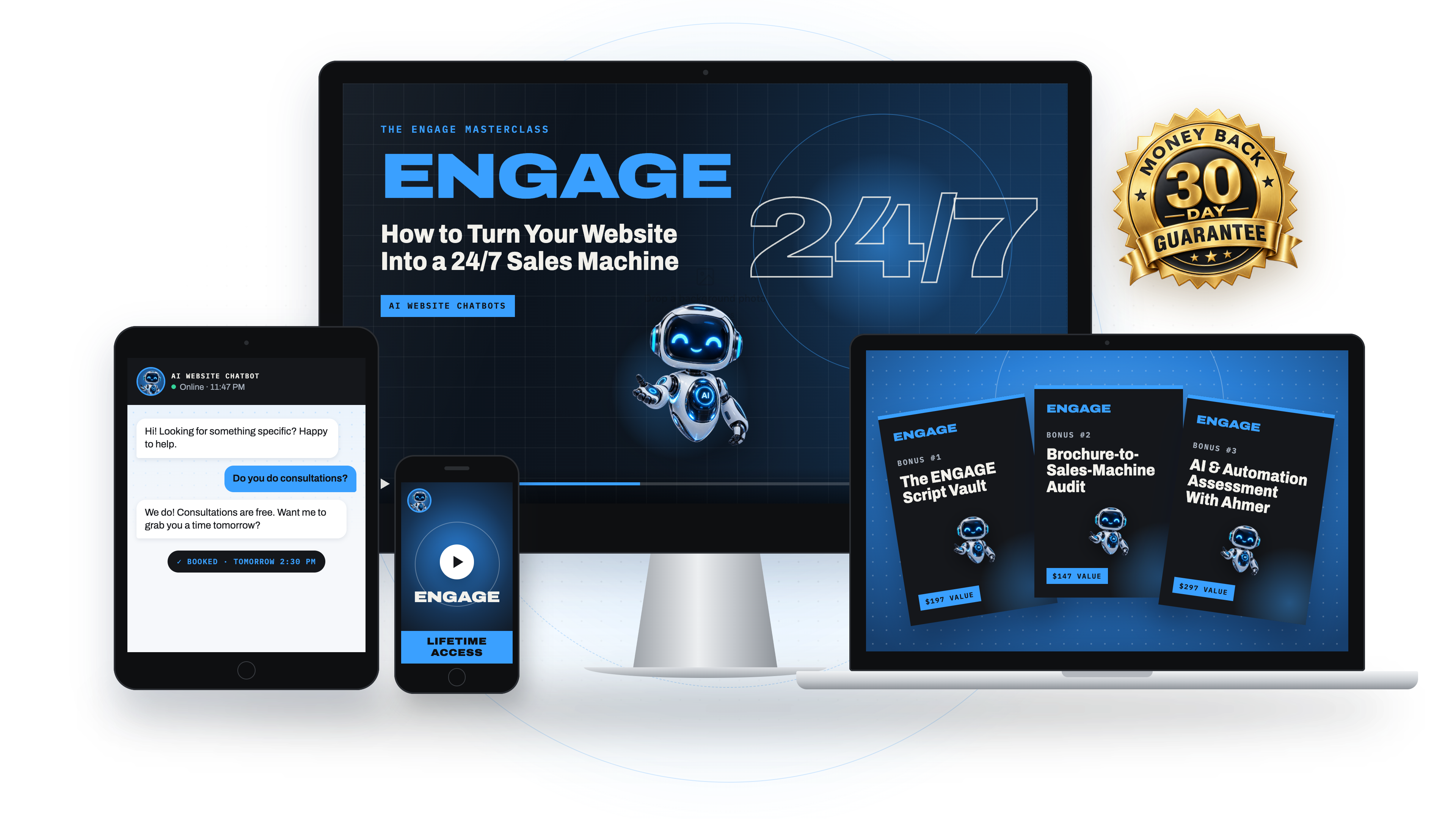 The ENGAGE MasterClass on desktop, tablet, and phone, with the three bonuses and the 30-day money-back guarantee