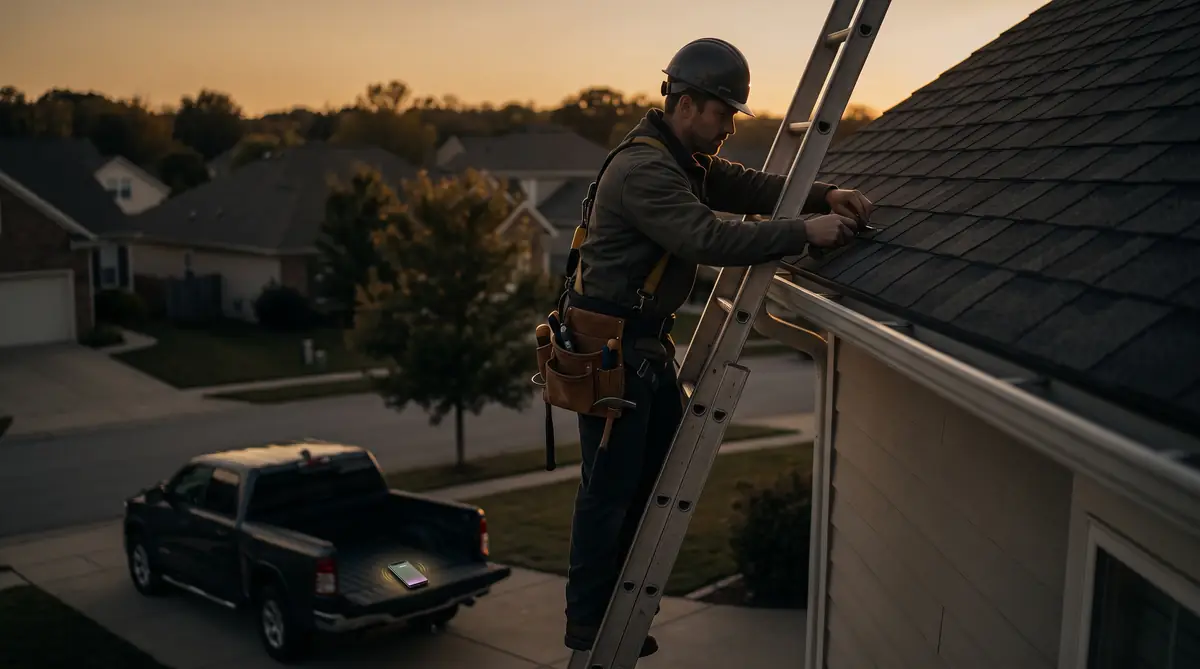 A roofer high on a ladder at golden hour while his phone rings unanswered below