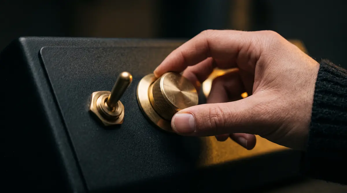 A brushed brass dial and toggle switch on a matte black control panel