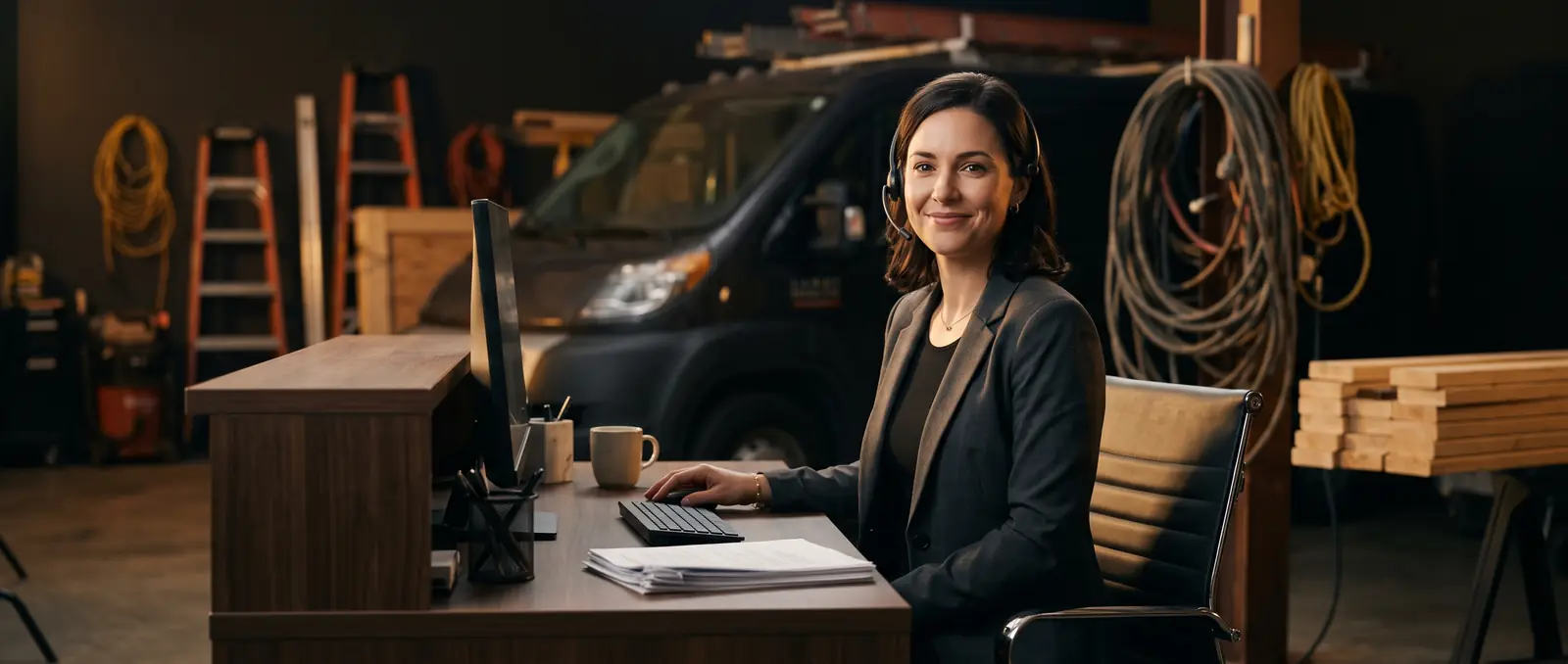 A calm receptionist at a desk with a work van, ladders and lumber behind her