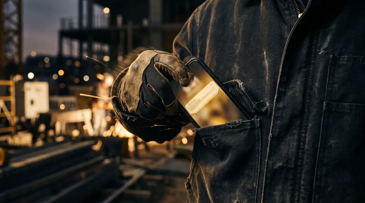 A work-gloved hand pulling a glowing phone from a canvas jacket pocket on a jobsite