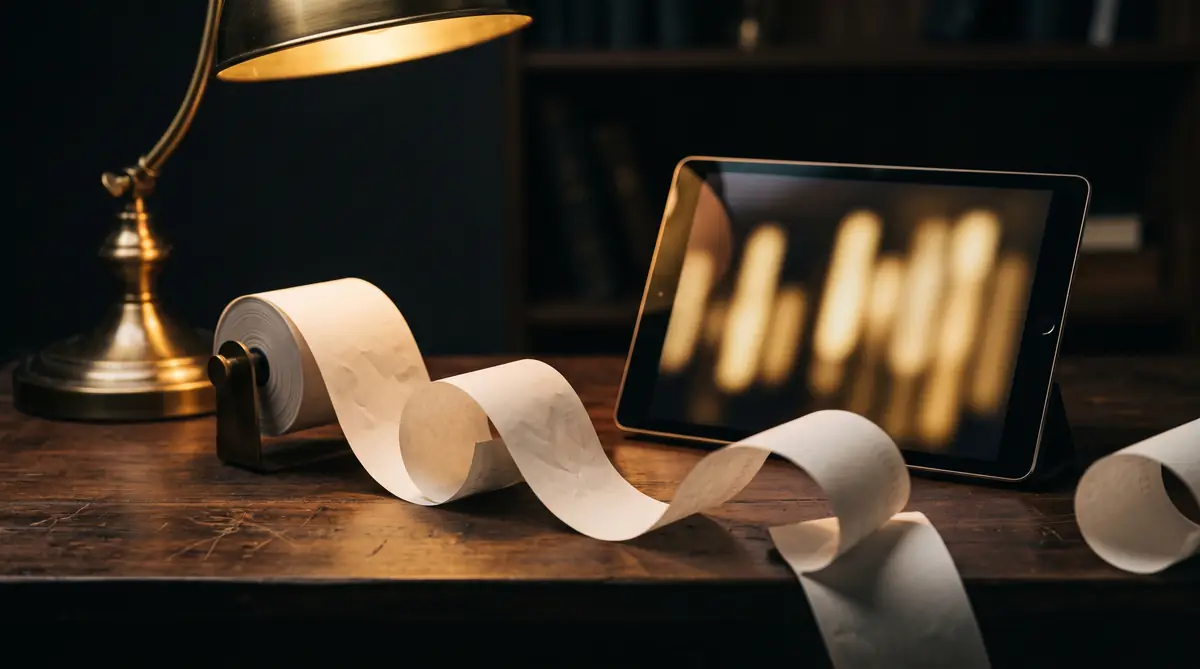 A long receipt roll curling across a dark desk beside a glowing tablet