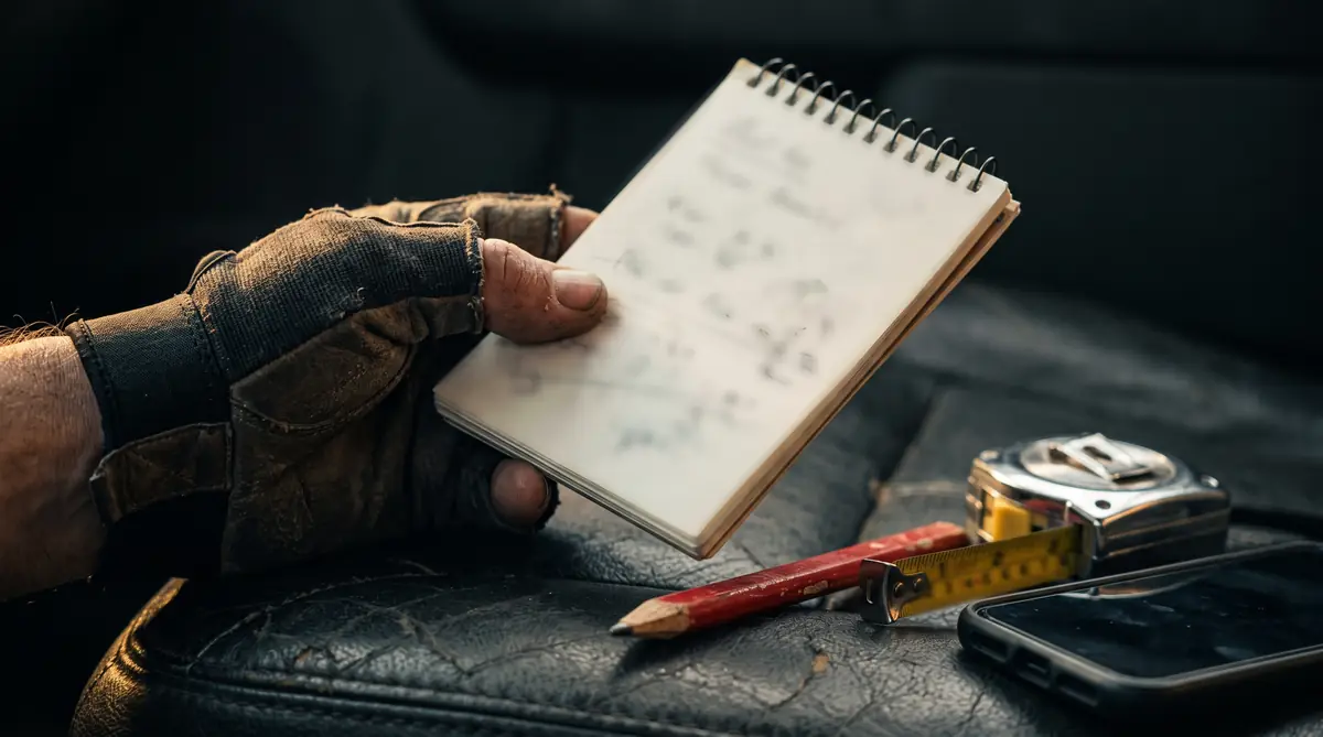 A gloved hand writing a customer's details on a notepad on a truck tailgate