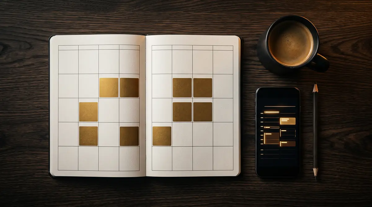 An appointment calendar on a dark desk with time slots filled in gold