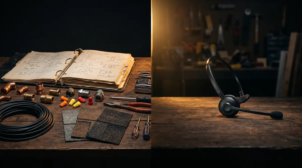Trade tools and an open technical binder beside a headset on a workbench