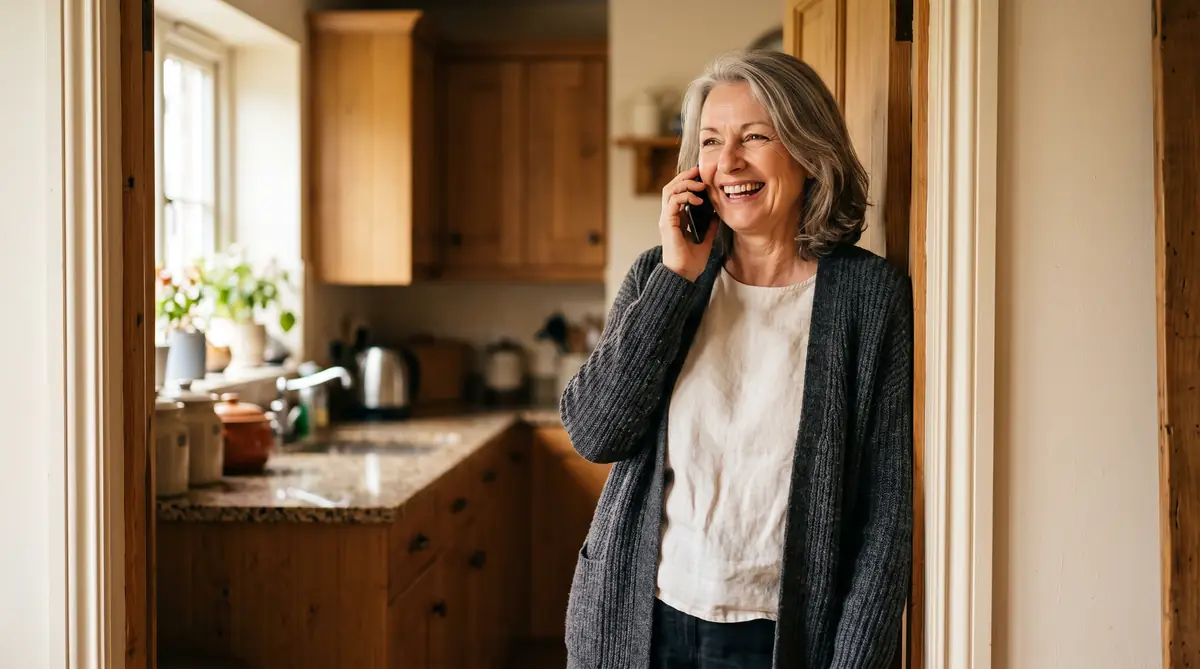 A relieved homeowner smiling in a bright kitchen while talking on the phone