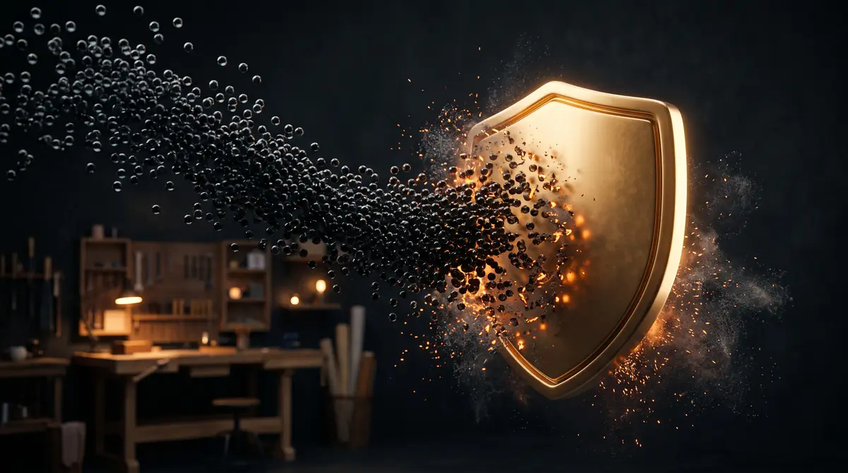 Dark spheres dissolving into embers against a gold shield