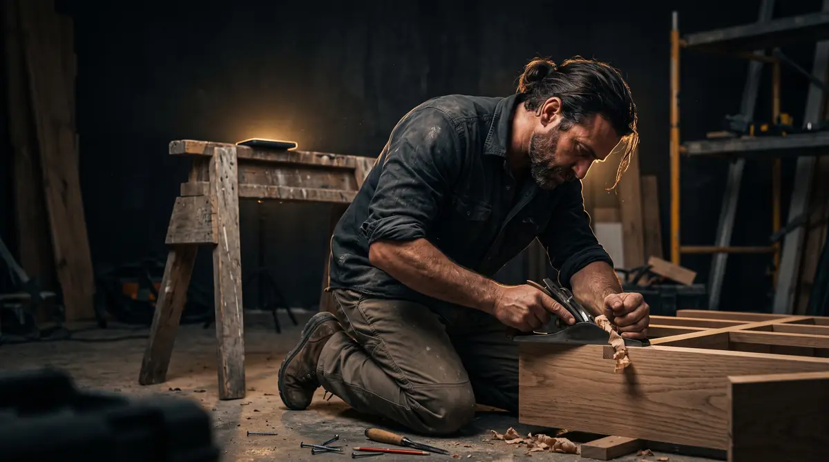 A contractor absorbed in skilled hands-on work while his phone lies face down behind him