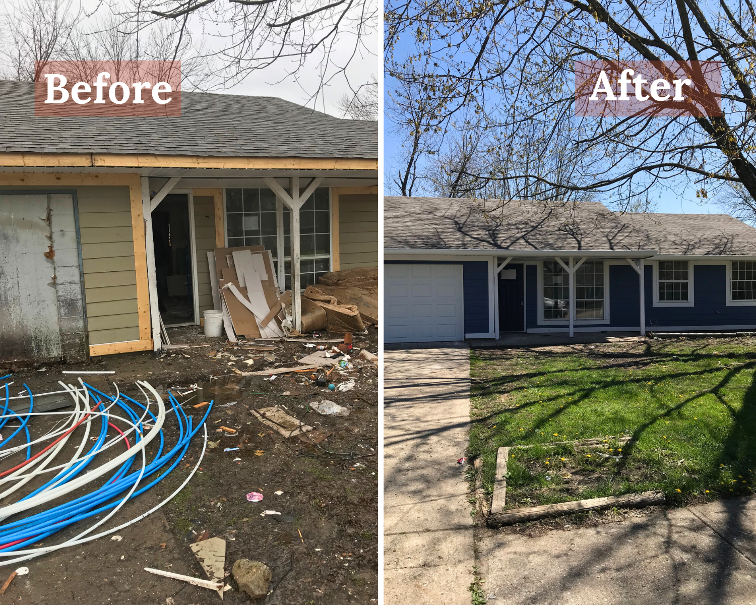 Before and after photo of a single-family fix and flip renovation project showing the home before construction and after exterior improvements Before and after photo of a single-family fix and flip renovation project showing the home before construction and after exterior improvements