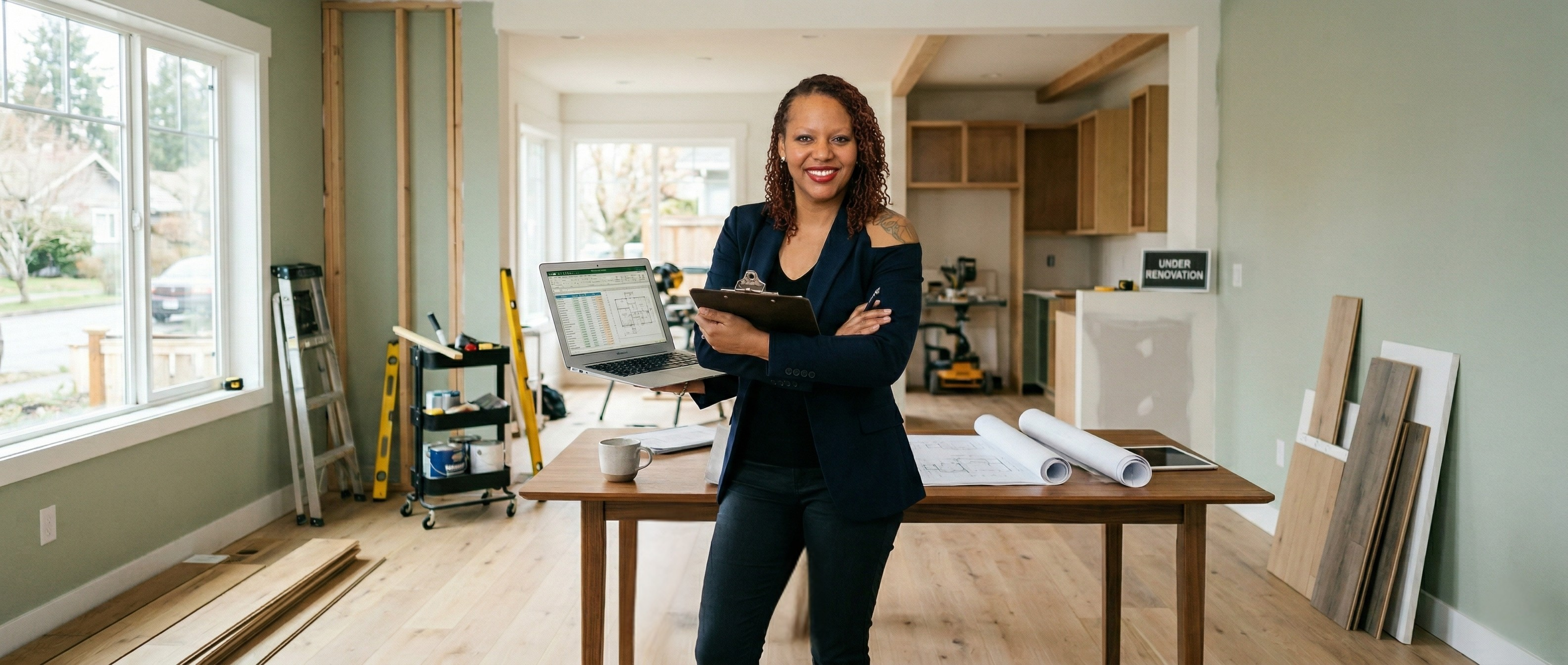Real estate professional standing inside a renovation project with a laptop and clipboard while reviewing plans for an investment property