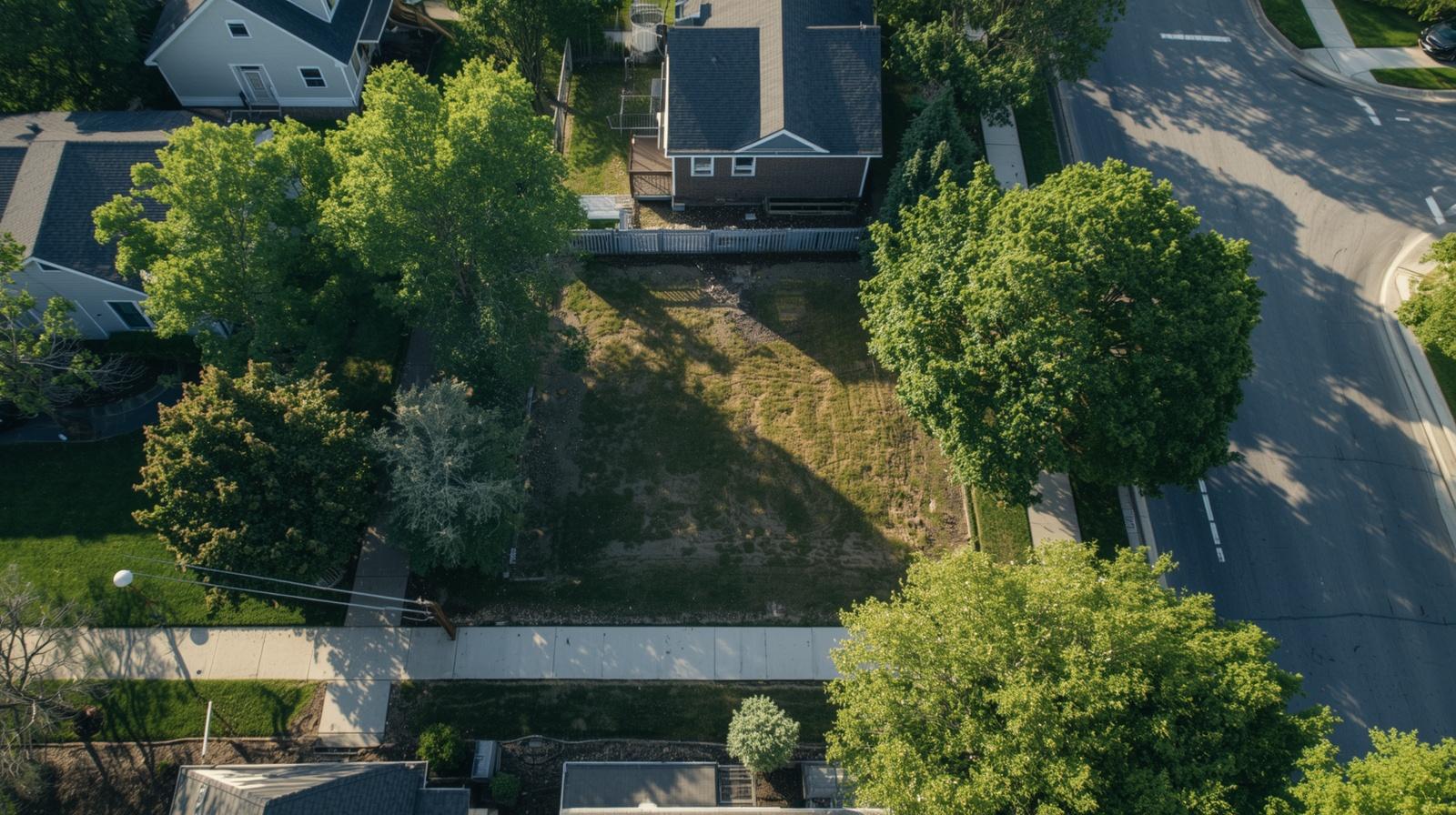Aerial view of a vacant residential lot in an Indianapolis neighborhood with nearby homes, sidewalks, trees, and street access Aerial view of a vacant residential lot in an Indianapolis neighborhood with nearby homes, sidewalks, trees, and street access