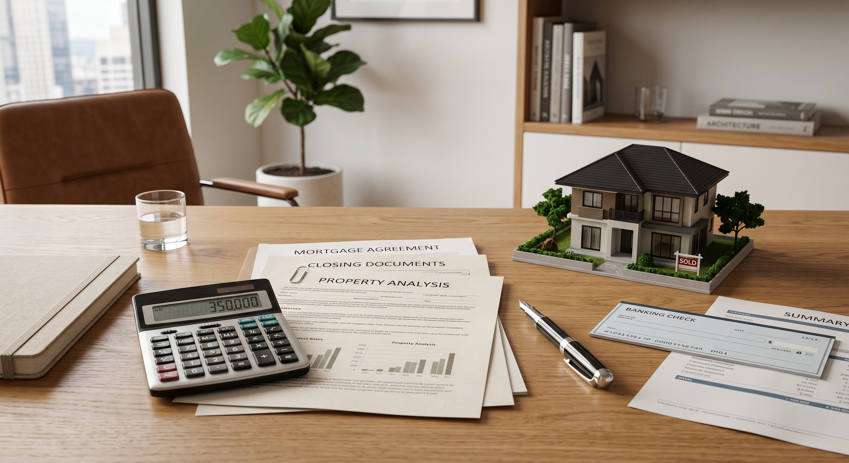 Mortgage documents, calculator, banking check, and model home representing private lending in real estate investing.