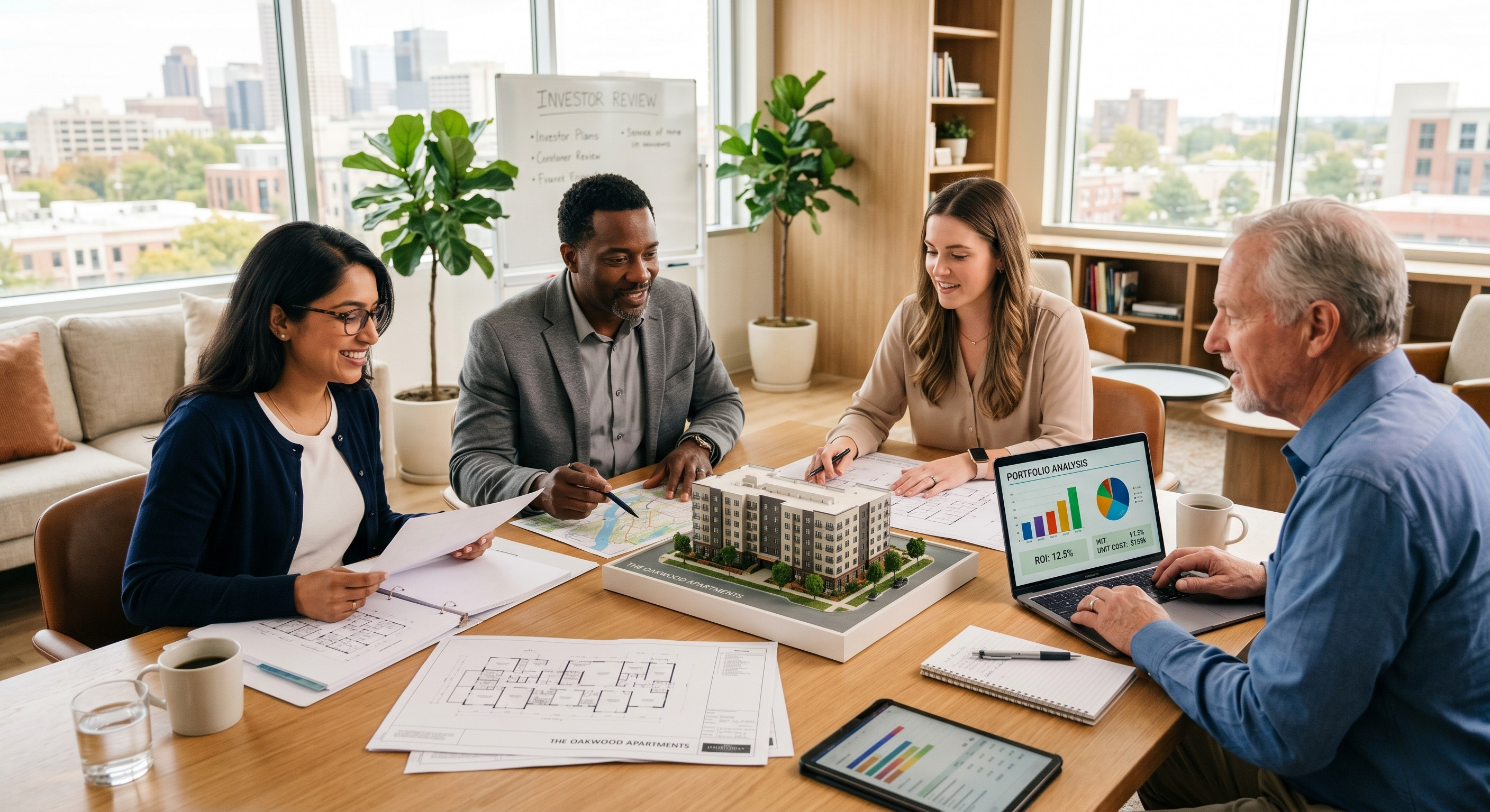 Group of investors reviewing real estate plans and an apartment building model during an investment meeting.
