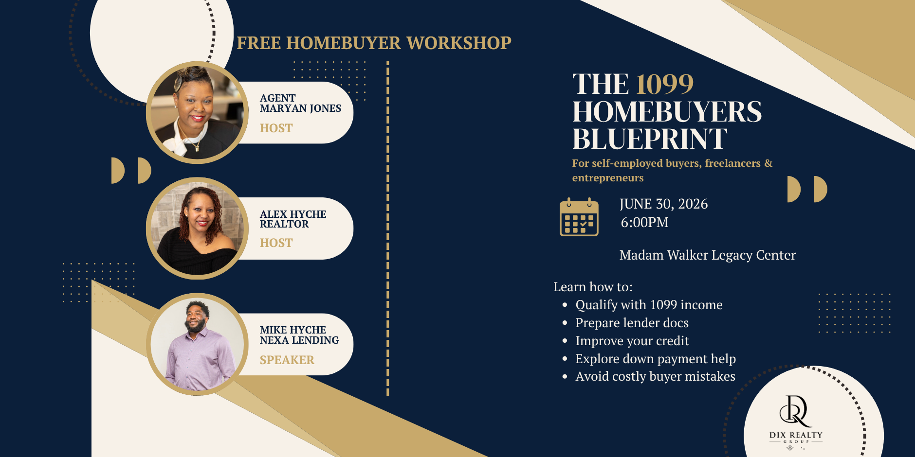 Flyer for The 1099 Homebuyers Blueprint free workshop for self-employed buyers, freelancers, and entrepreneurs