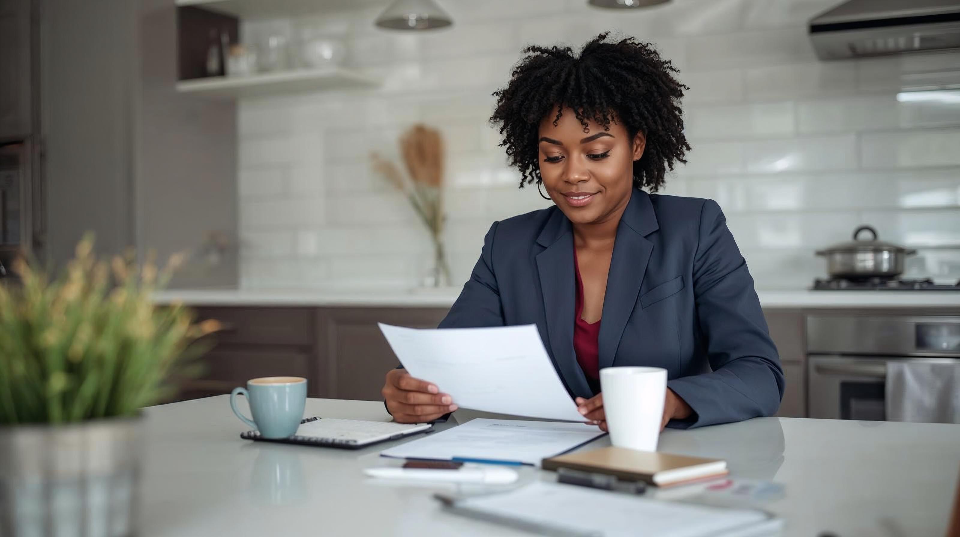 Self-employed homebuyer reviewing paperwork and finances while preparing to buy a hom