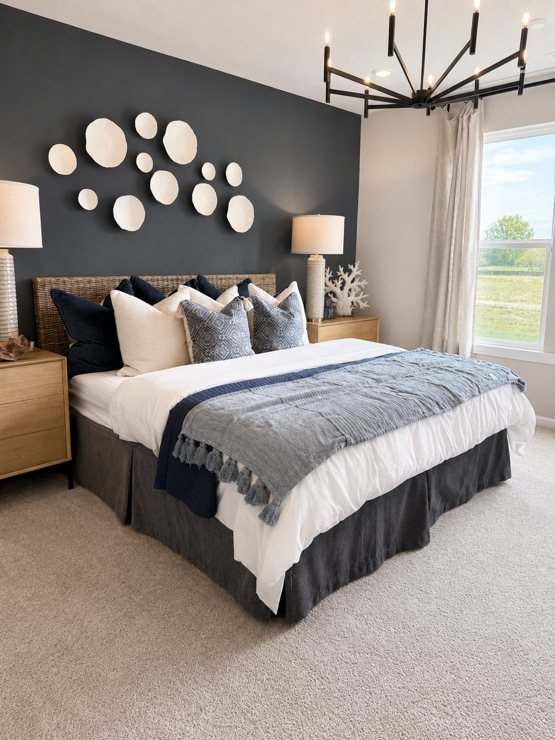 Bright staged bedroom with neutral bedding, navy accents, natural light, and clean decor for a seller-ready home.