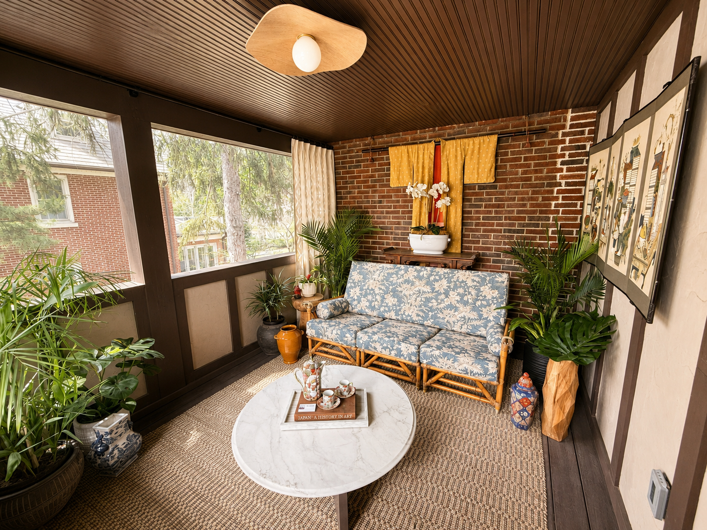 Cozy enclosed porch with plants, patterned seating, and natural light, staged to highlight summer lifestyle appeal for home buyers.
