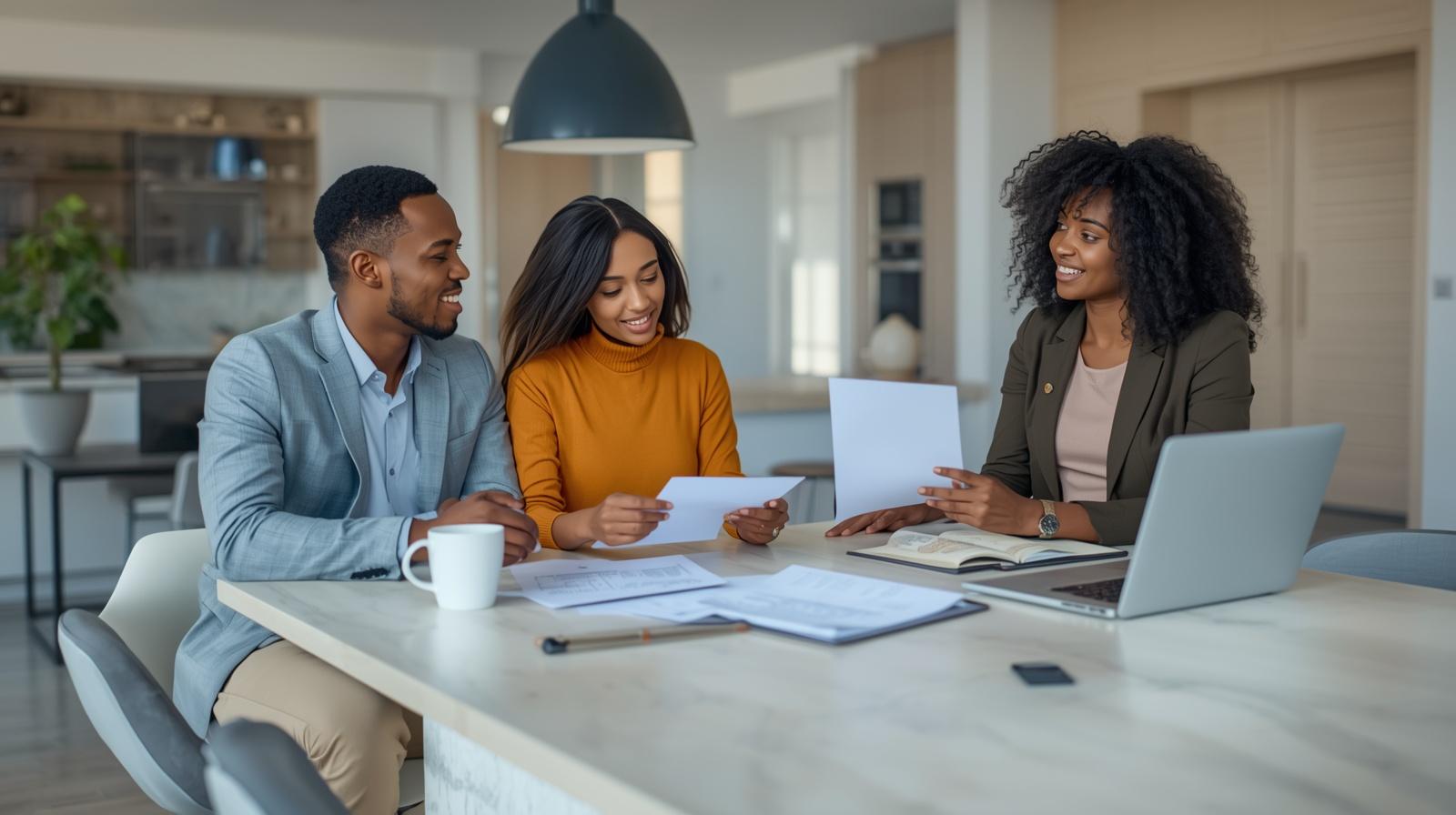 Black couple sitting with a female real estate professional at a kitchen island reviewing home-buying paperwork, representing mortgage strategy, refinancing options, and informed buyer planning.