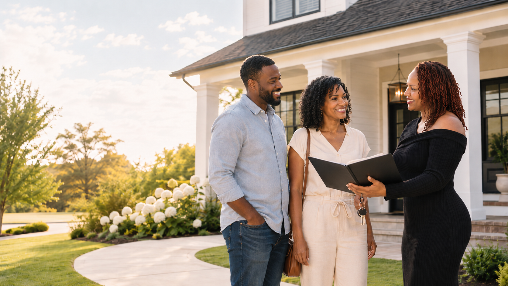 Black female Realtor reviewing home-buying documents with a smiling Black couple outside a bright suburban home, representing buyers learning how to look beyond interest rates and plan for homeownership.