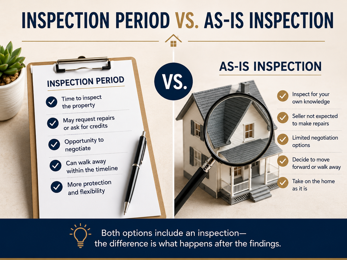 Inspection Period vs. As-Is Inspection graphic explaining the difference between traditional home inspection rights and buying a home as-is.