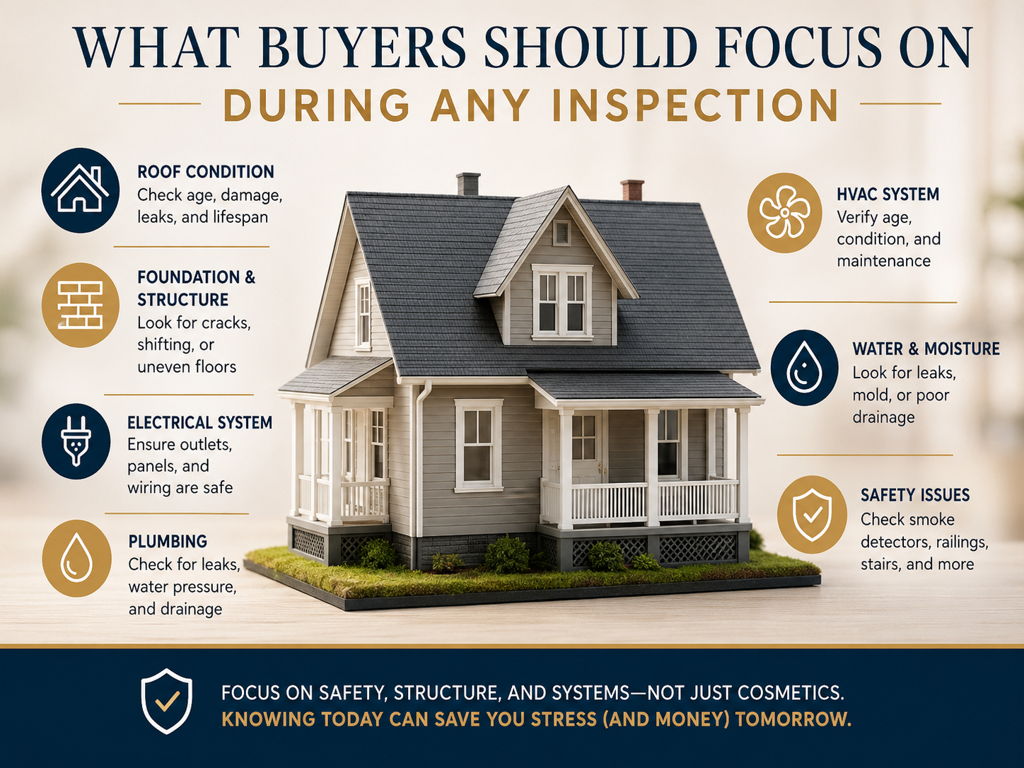 Home inspection checklist graphic showing key buyer concerns including roof condition, foundation, electrical, plumbing, HVAC, water issues, and safety.