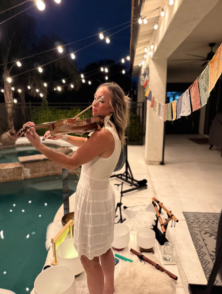 Sonja working with therapeutic crystal sound bowls for deep nervous system resonance