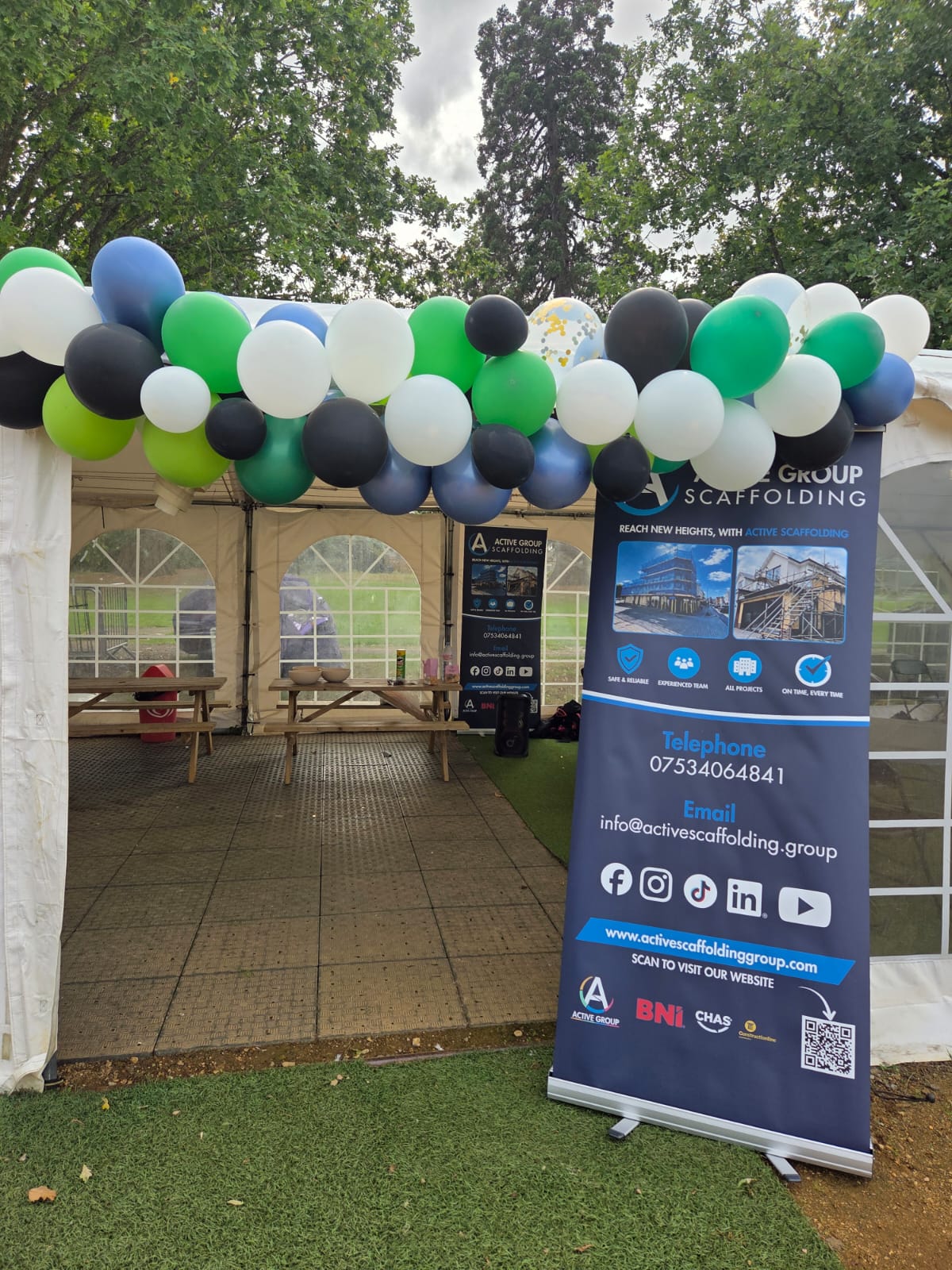Marquee and balloons set up for a recent event at Gatwick Footgolf