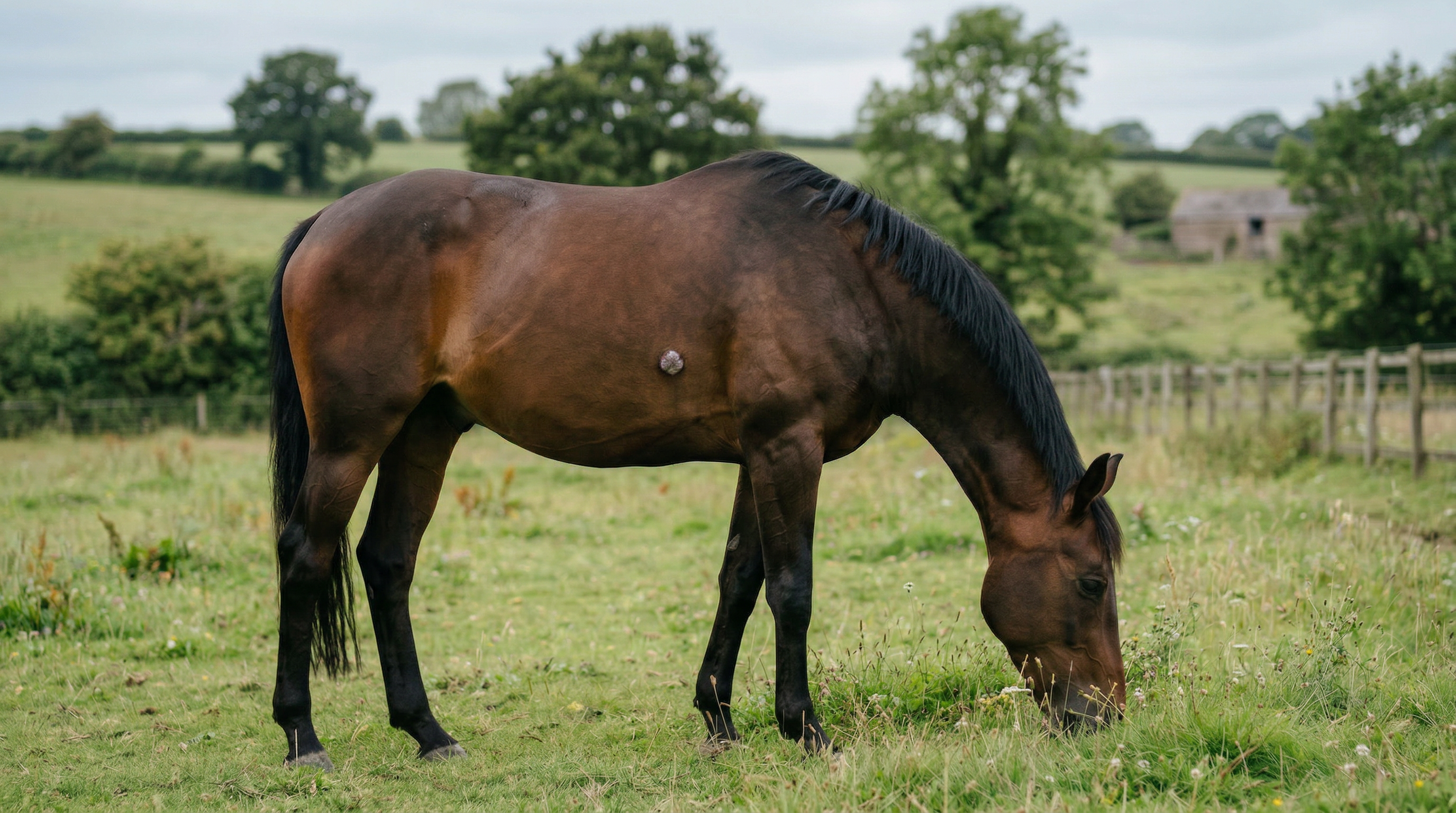 horse grazing with visible sarcoid on its girth line
