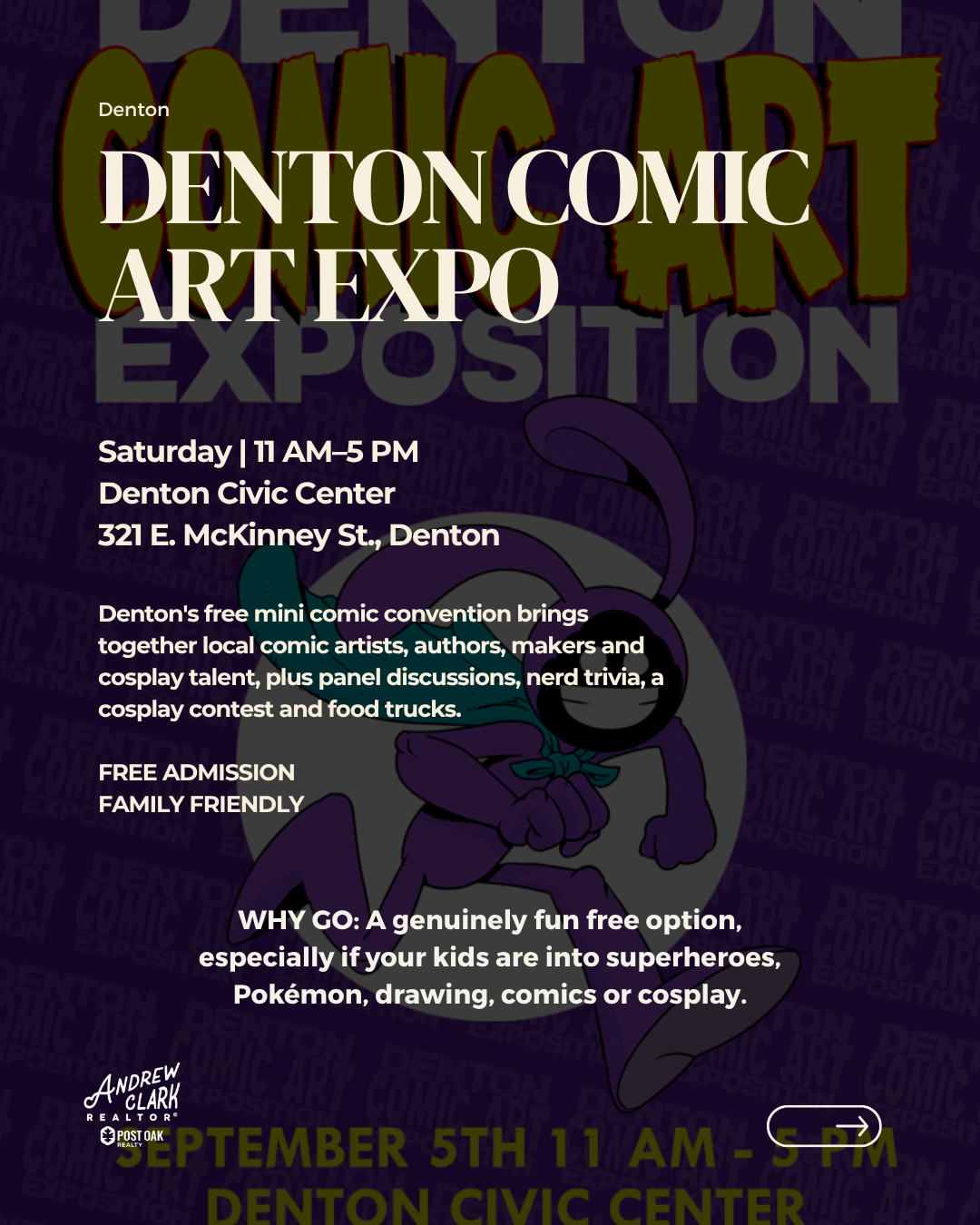 Denton Comic Art Expo at the Denton Civic Center September 5 2026 with comics, artists and family activities