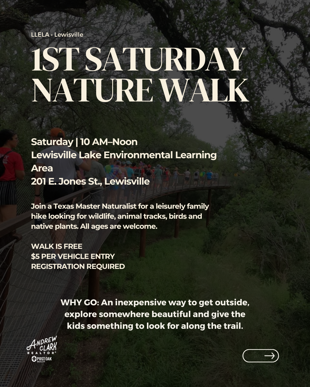 First Saturday Nature Walk at LLELA in Lewisville Texas, a family-friendly outdoor activity in Denton County