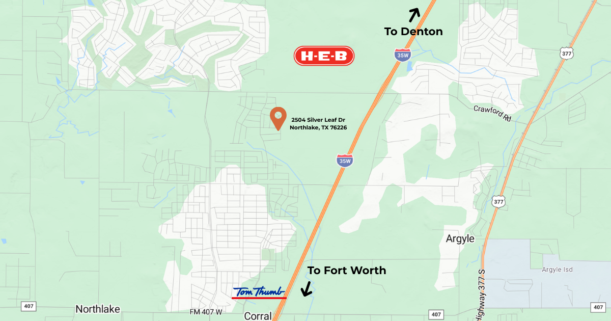 HEB and Tom Thumb down the road from 2504 Silver Leaf Dr in Northlake, TX HEB and Tom Thumb down the road from 2504 Silver Leaf Dr in Northlake, TX