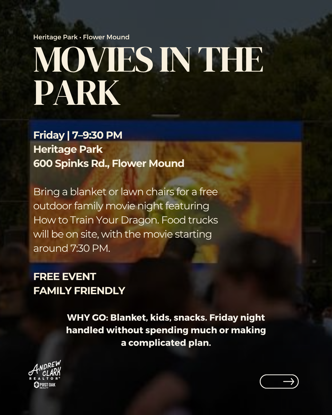 Movies in the Park at Heritage Park in Flower Mound, Texas, featuring How to Train Your Dragon on September 11, 2026.