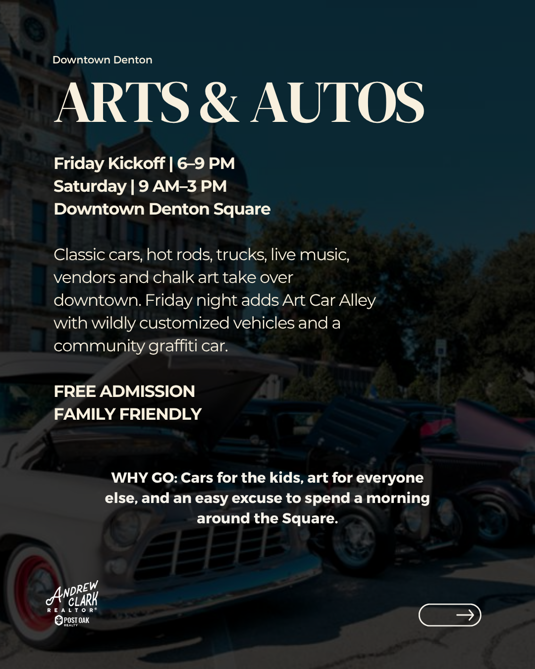 Arts & Autos in Downtown Denton, Texas, featuring classic cars, hot rods, local art and live music.