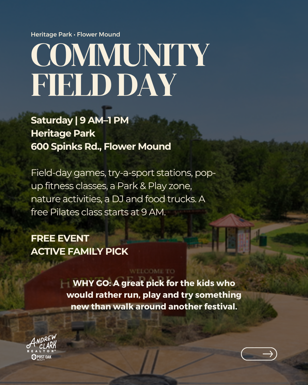 Community Field Day at Heritage Park in Flower Mound, Texas, with family games, sports, fitness activities and food trucks.
