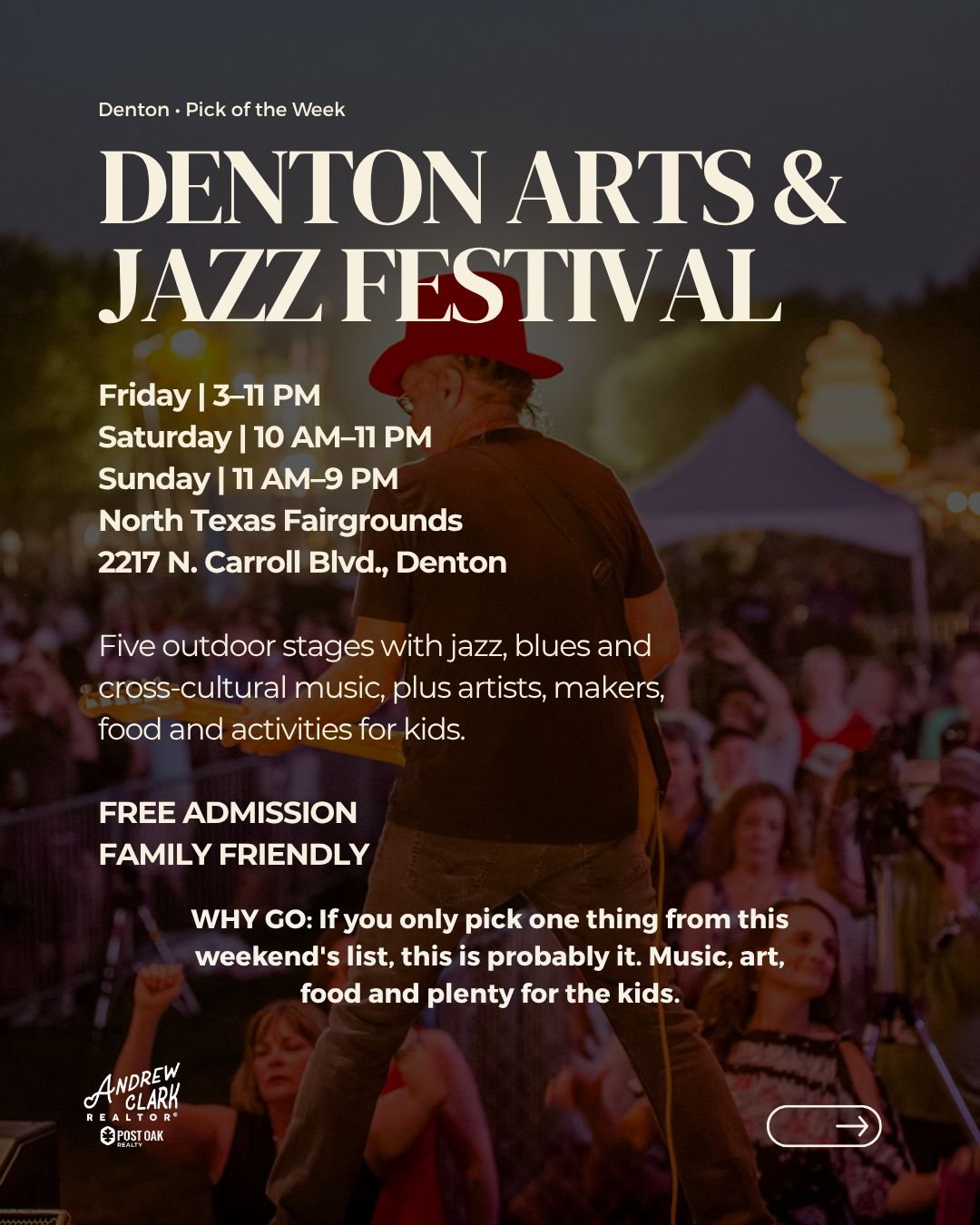 Denton Arts & Jazz Festival in Denton, Texas, featuring live music, art, food and family activities September 11–13, 2026.