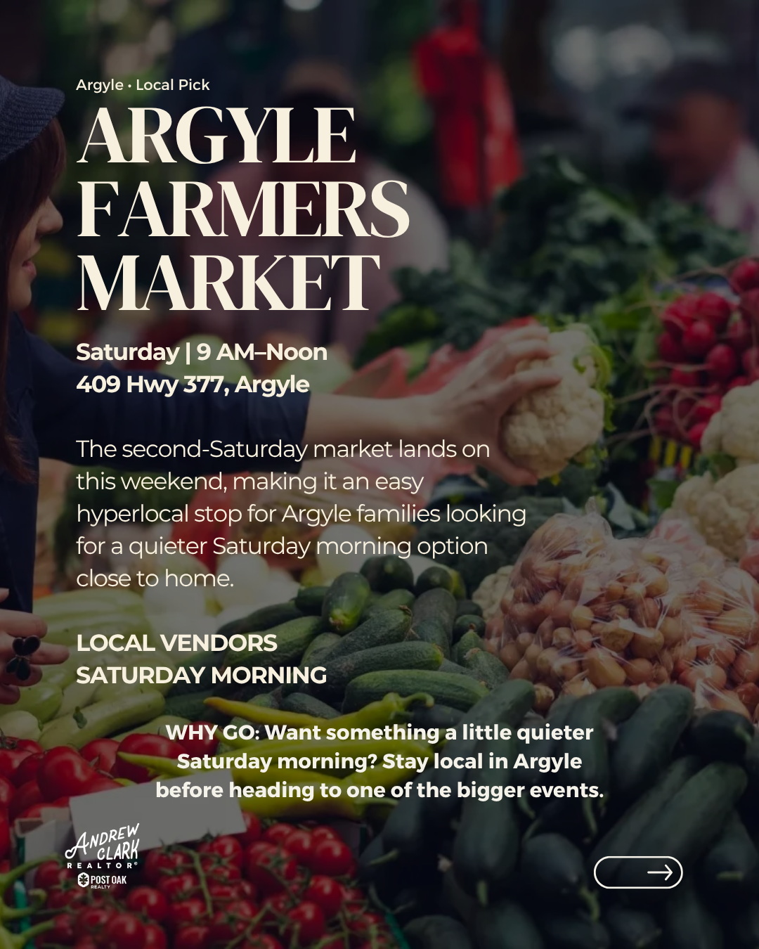 Argyle Farmers Market in Argyle, Texas, featuring local vendors and a Saturday morning community market.