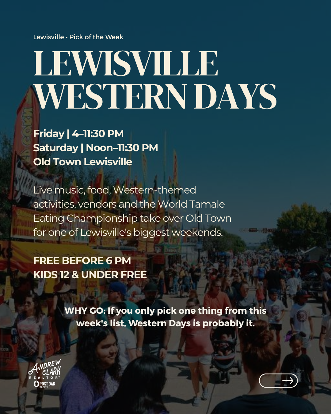 Families enjoying live music, vendors and Western-themed activities at Lewisville Western Days in Old Town Lewisville, Texas