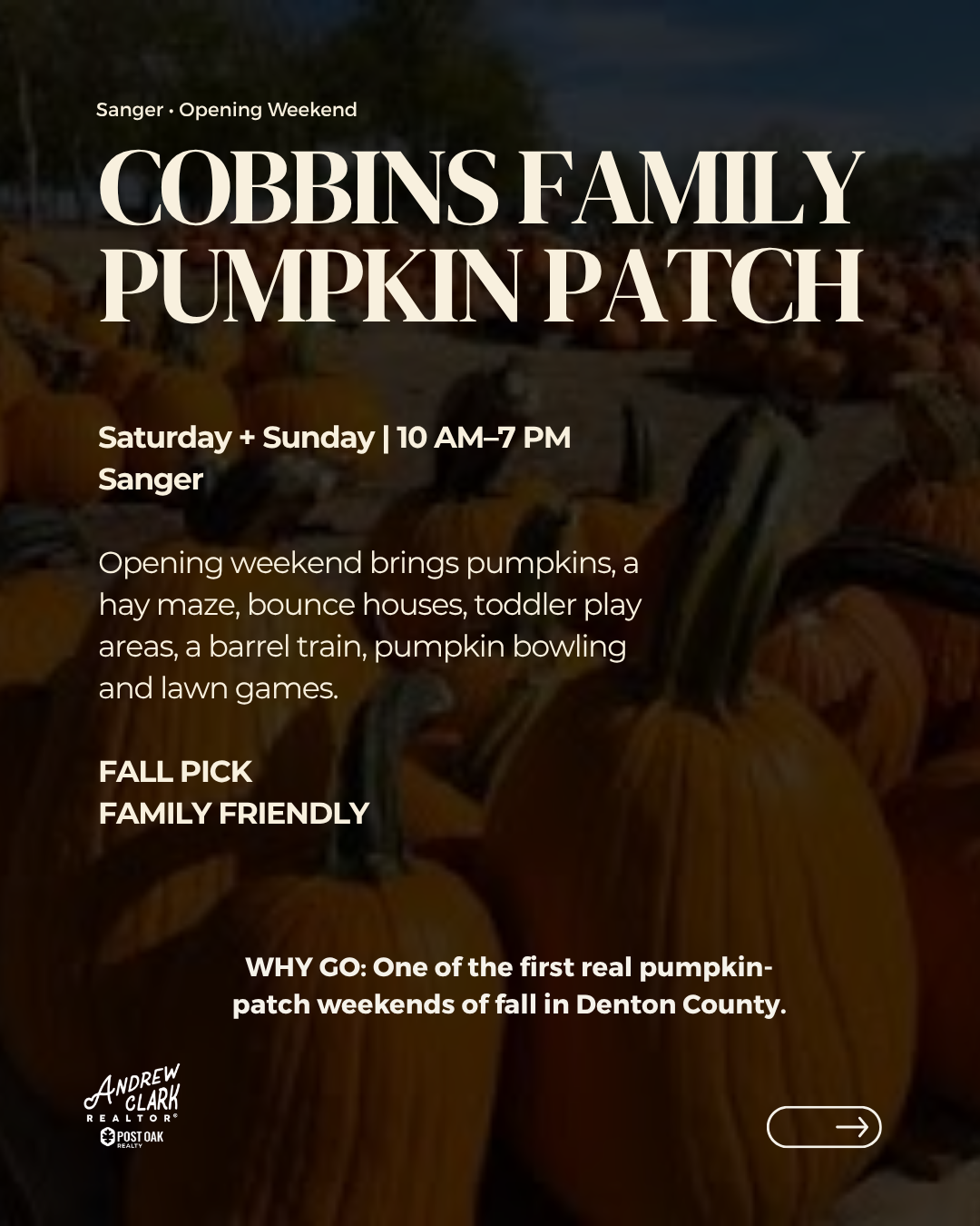 Pumpkins and family fall activities at Cobbins Family Pumpkin Patch in Sanger, Texas