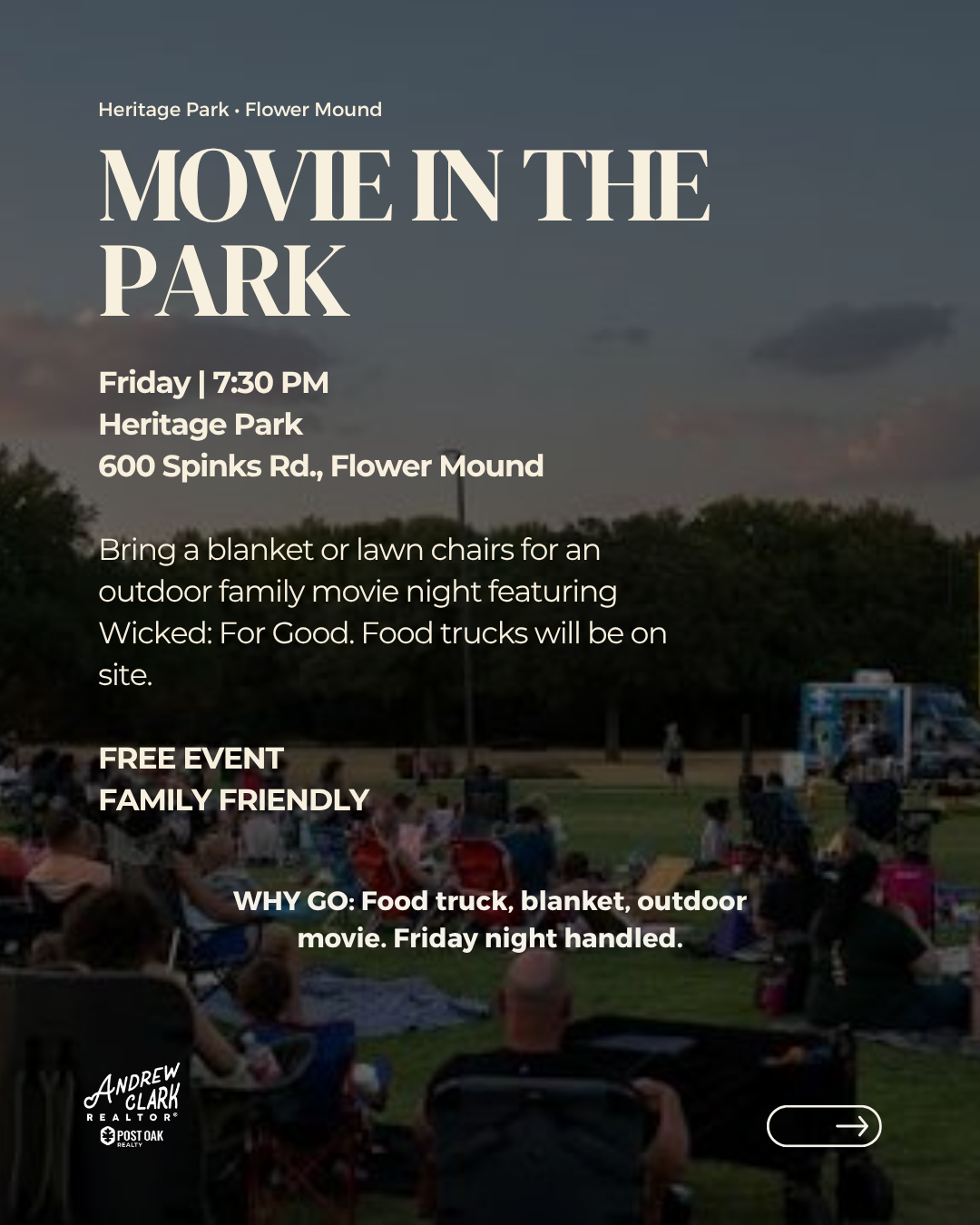 Outdoor family movie night at Heritage Park in Flower Mound, Texas