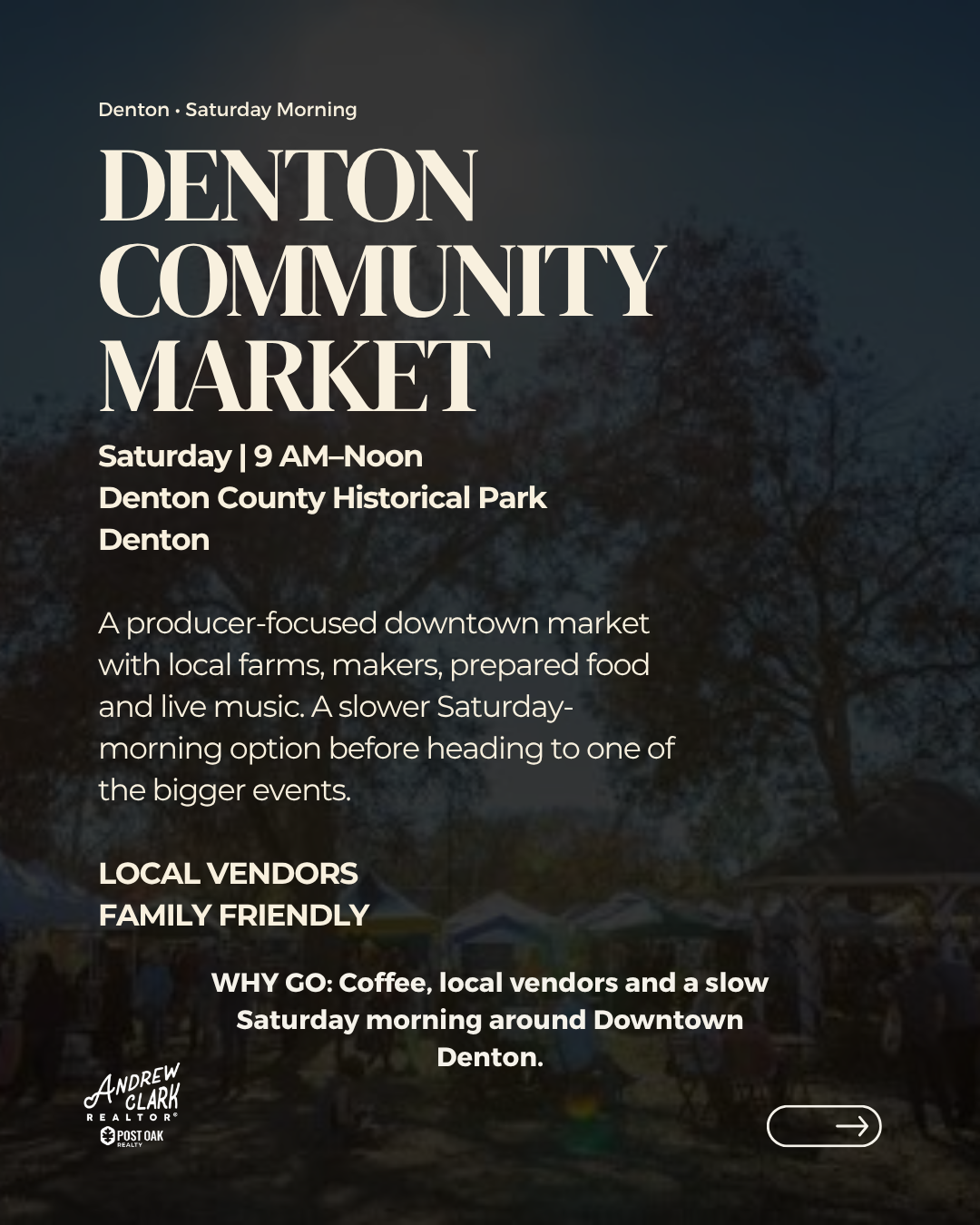 Local vendors and families shopping at the Denton Community Market in Denton, Texas