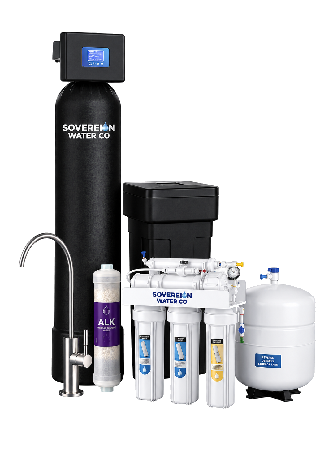 Sovereign Water Co. five stage reverse osmosis drinking water system with storage tank, alkaline filter and dedicated faucet