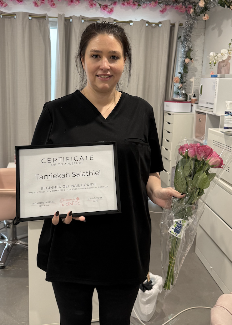 Beginner Gel Nail Course graduate with her certificate