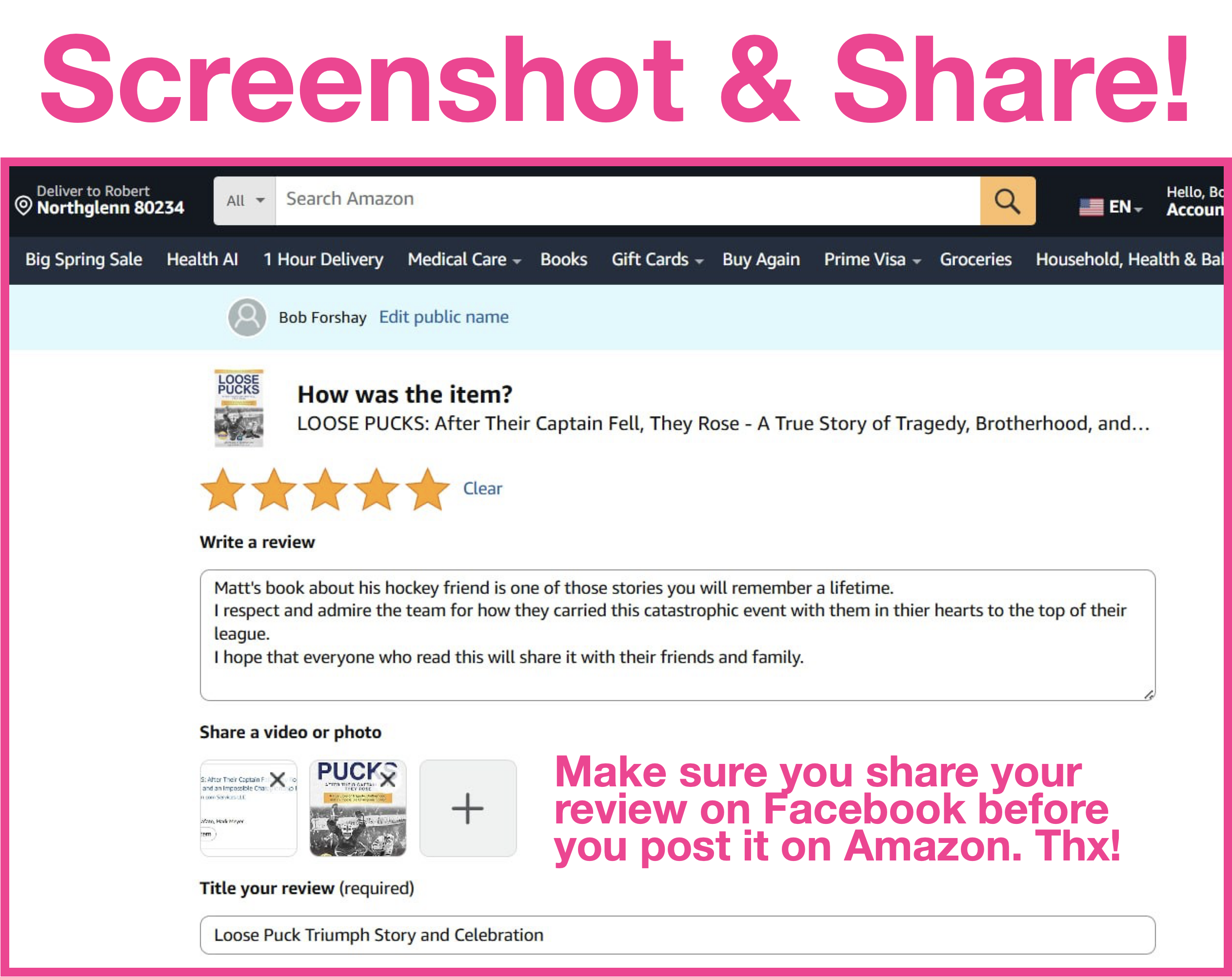 Screenshot your review and share on Facebook before submitting