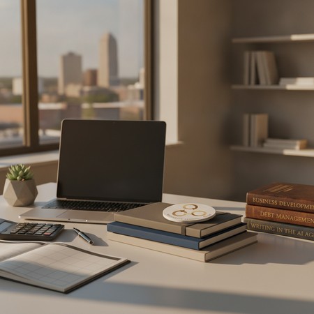 Business owner reviewing credit report errors at desk